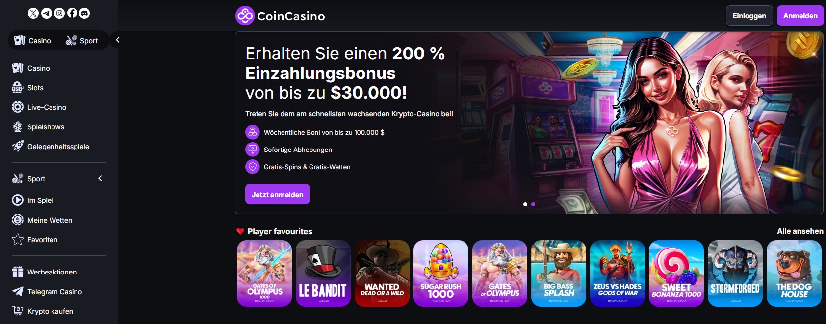 CoinCasino Webseite mit verschiedenen Online Casino Spielen. Die Seite zeigt Kategorien wie Slots, Live-Casino, Spielshows und Gelegenheits-Spiele. Vorgestellte Spiele wie Duel at Dawn, Extra Chilli und Gates of Olympus sind sichtbar, begleitet von Logos bekannter Spielanbieter wie Evolution und Pragmatic Play.