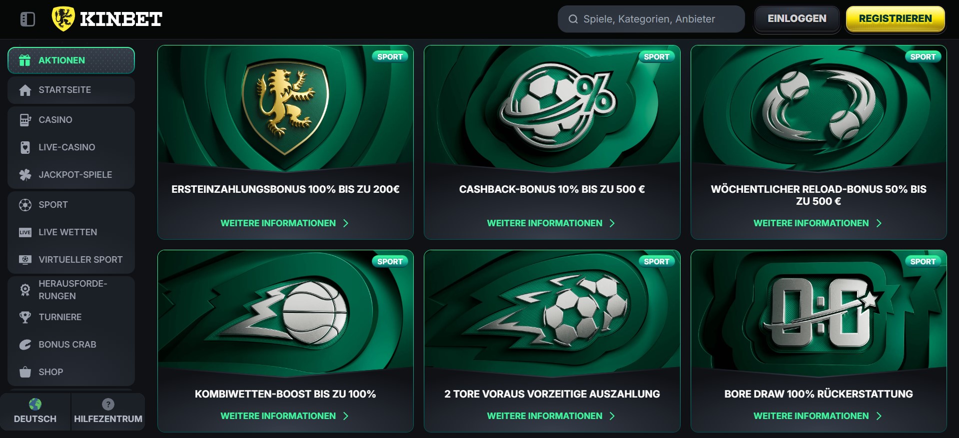 Eine deutschsprachigen Sportwetten-Webseite mit mehreren Bonusaktionen, darunter Ersteinzahlungsbonus, Cashback und wöchentlicher Reload-Bonus.