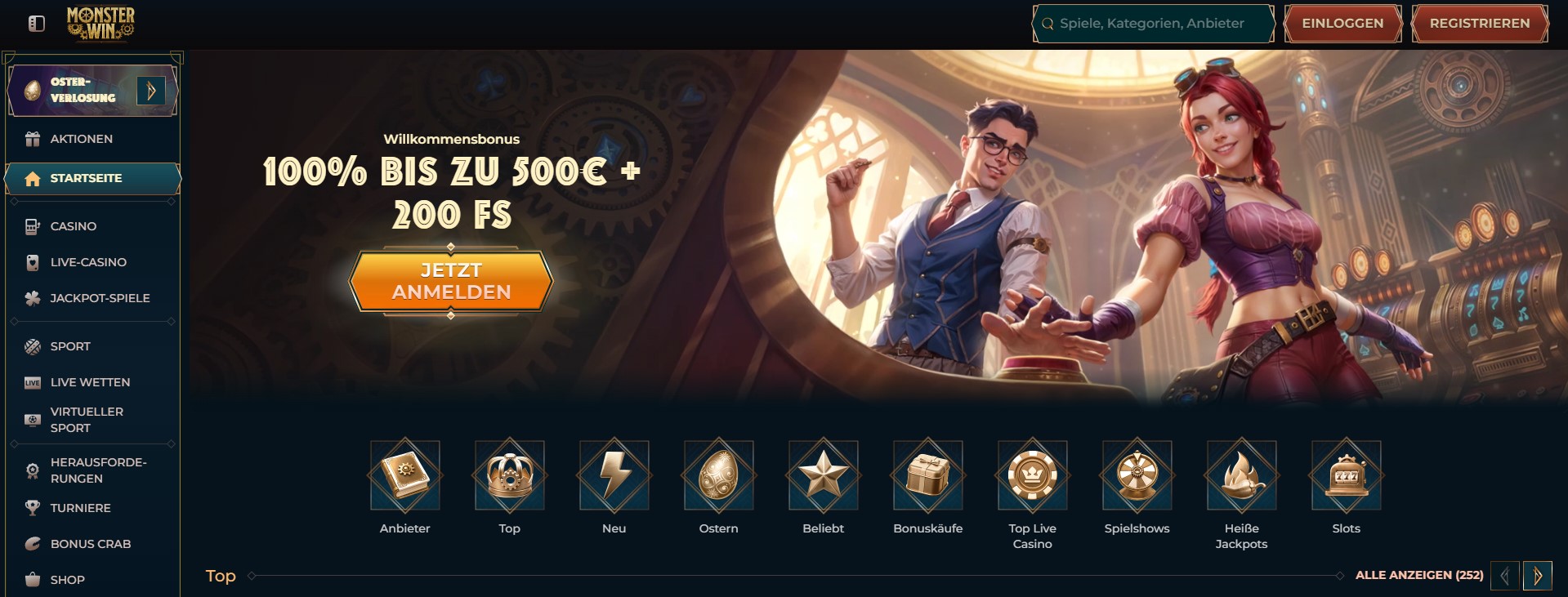 Ein Wettanbieter-Österreich-Webseite mit einem großzügigen Willkommensbonus von 100% bis zu 500€ und 200 Freispielen. Zwei Figuren in Steampunk-Kleidung stehen im Vordergrund. Links befindet sich ein Menü mit verschiedenen Kategorien wie Casino, Live-Casino, Jackpot-Spiele, Sport und mehr. Ein auffälliger orangefarbener Button mit der Aufschrift „Jetzt Anmelden“ lädt zur Registrierung ein.