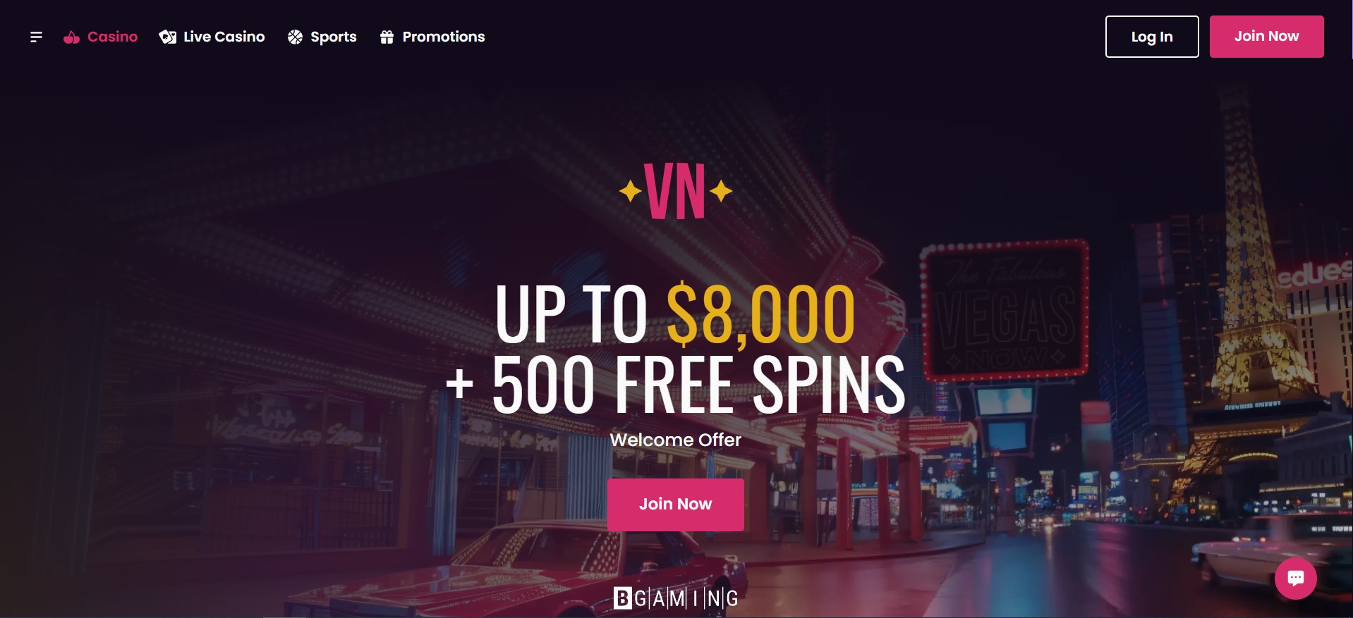 Screenshot einer Online-Casino-Startseite mit Neon-Las-Vegas-Hintergrund, Willkommensbonus bis 8.000 $ und 500 Freispiele; ideal für wettanbieter Österreich Nutzer und übersichtlichen Login- sowie Join-Now-Buttons.