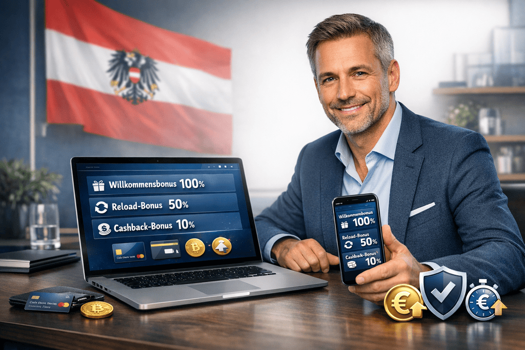 Ein stilvolles, modernes Werbefoto zeigt einen erwachsenen Mann in eleganter Business-Atmosphäre mit Laptop und Smartphone, auf denen Bonusangebote von Wettanbieter Österreich wie Willkommensbonus, Reload-Bonus und Cashback-Bonus dargestellt sind. Dezente Symbole für sichere Zahlungsmethoden, schnelle Auszahlungen und Transparenz ergänzen die Szene, während österreichische Elemente im Hintergrund eine seriöse Stimmung schaffen
