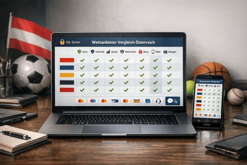 Ein moderner Arbeitsplatz mit Laptop und Smartphone zeigt eine strukturierte Vergleichsansicht zu Wettanbieter Österreich, inklusive Symbolen für Lizenz, Sicherheit, Quoten, Wettmärkte, Bonusangebote, mobile Nutzung, Zahlungsmethoden und Kundendienst. Dezente österreichische Elemente wie Flagge und Sportbälle im Hintergrund schaffen eine seriöse, professionelle Atmosphäre mit hochwertiger Business-Optik und natürlichem Licht.