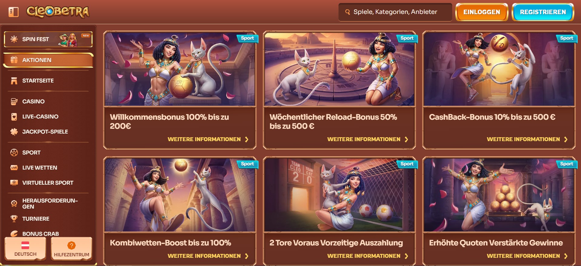 Online Casino Cleobetra mit ägyptischem Cleopatra-Design zeigt verschiedene Bonusangebote wie Willkommensbonus, Reload-Bonus, Cashback und Kombiwetten-Boost für Sportwetten in Österreich.